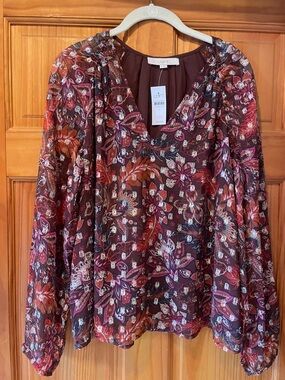 LOFT Burgundy Floral Paisley V-Neck Blouse